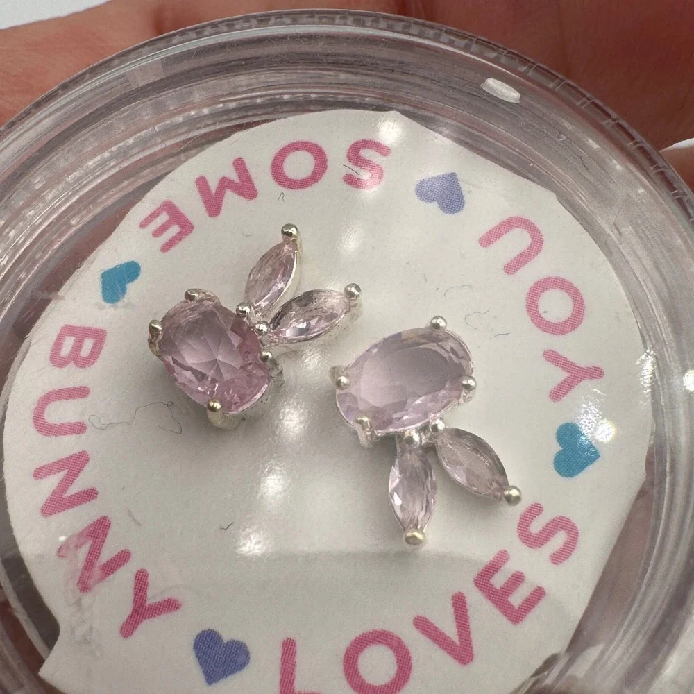 Pink Gemstone Bunny Rabbit Stud Earrings Silver Tone Easter Jewelry for Kids